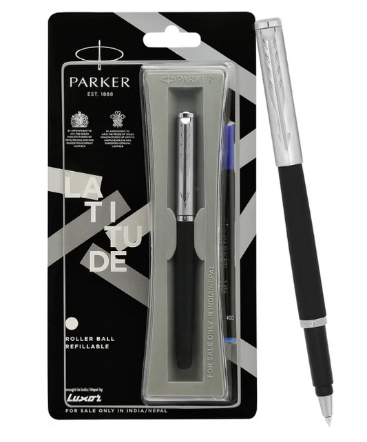 PARKER Latitude Matte Black |Chrome Trim | Roller Ball Pen  (Ink Color - Blue)