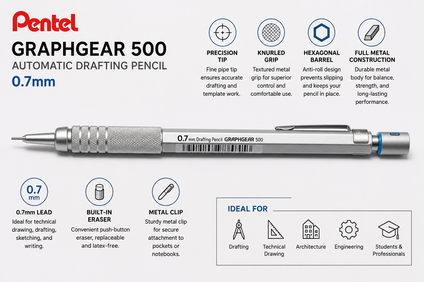 PENTEL GRAPHGEAR 500 AUTOMATIC PENCIL FOR DRAFTING 0.7